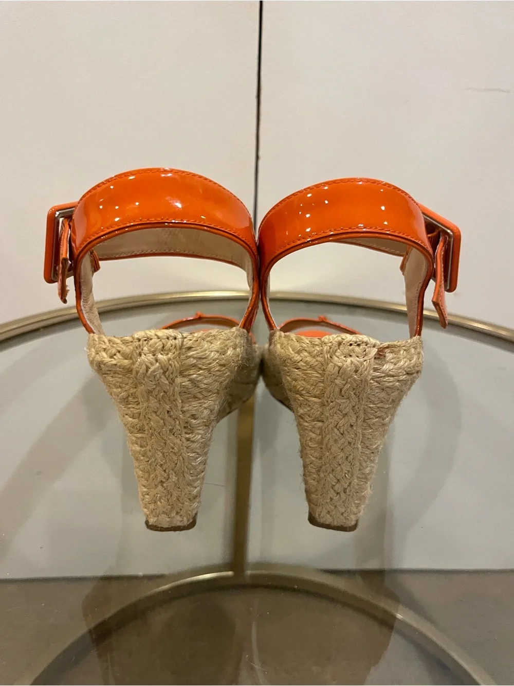 Diane Von Furstenberg Orange Patent Leather Wedge Espadrille, Size 8